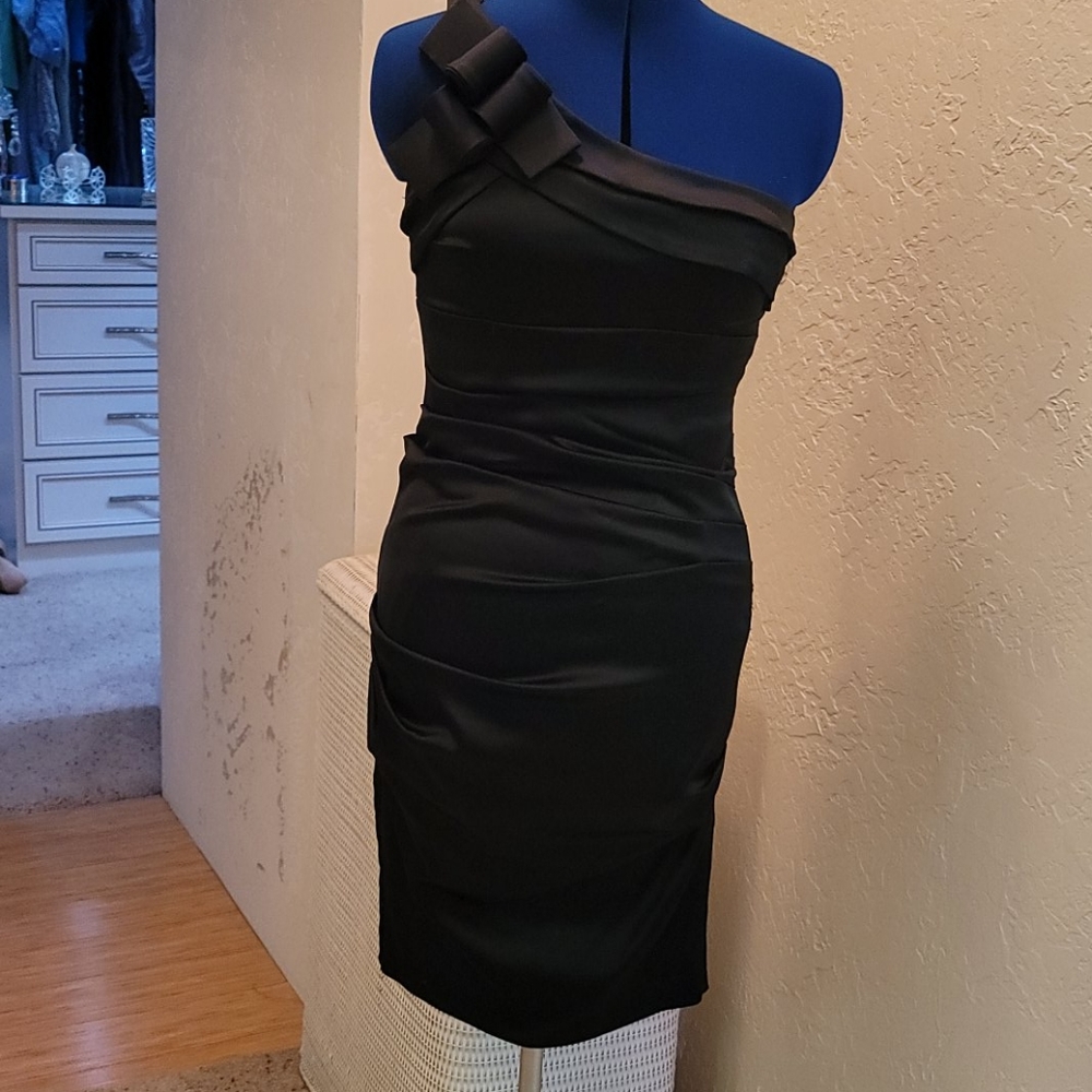 Black satin like one shoulder dress size 6